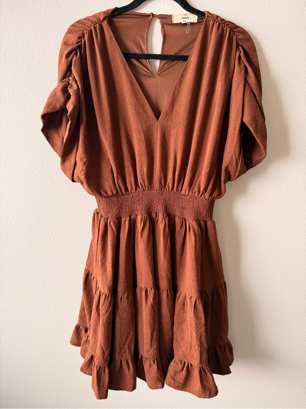 Women’s Tiered Smocked-Waist Mini Dress - Rust (orange brown color)